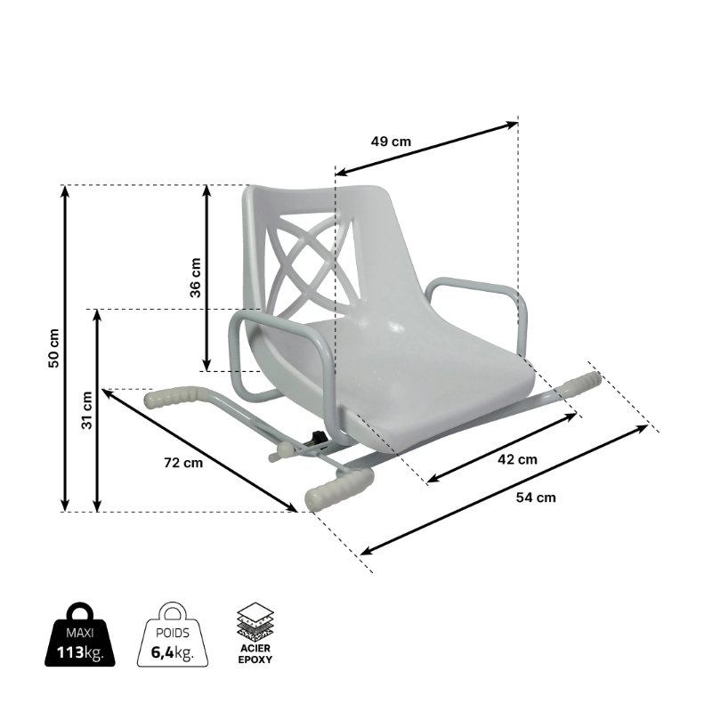 Les dimensions de notre fauteuil pivotant pour la baignoire