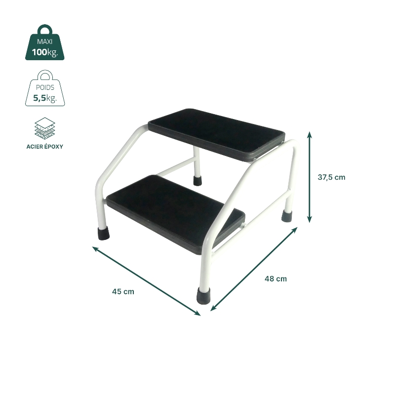Fiche technique du marchepied 2 marches, charge maximale 100 kg, acier époxy - réf. 836062