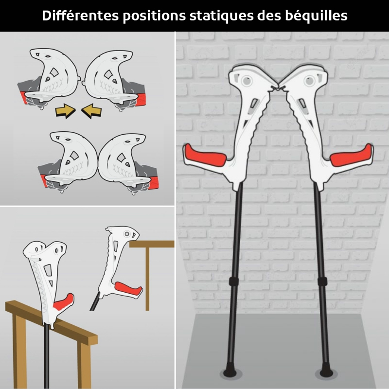 Différentes positions statiques pratiques des béquilles Safe Walk