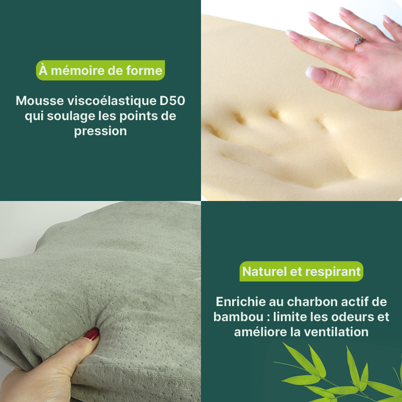 Mousse viscoélastique D50 au charbon actif de bambou du dossier Confort Plus Végélya