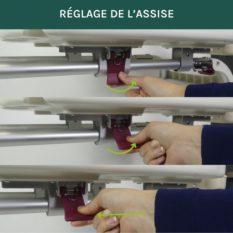 Étapes de réglage de l'assise du fauteuil d'accès Slide - réf. 812082