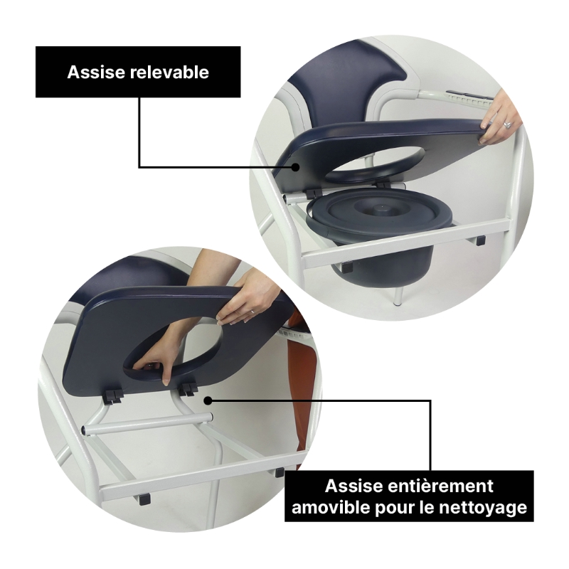 L'assise de la chaise de toilette Caraïbes est détachable pour la nettoyer facilement