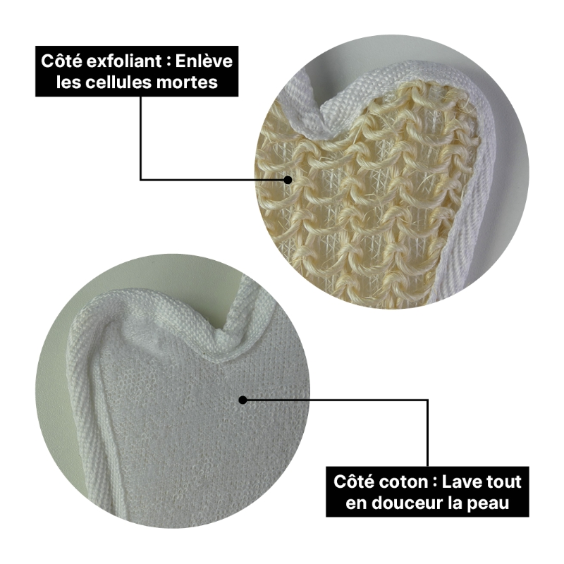 Gros plan sur les fibres du gant de crin exfoliant pour une exfoliation naturelle