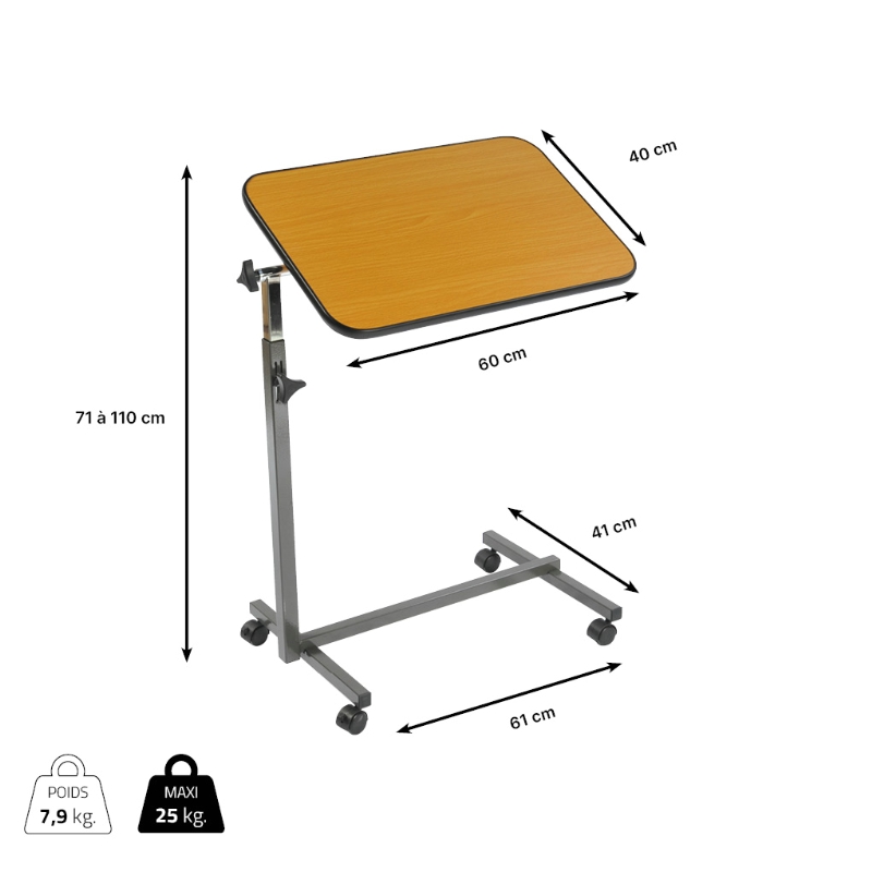 dimensions table de lit à roulettes
