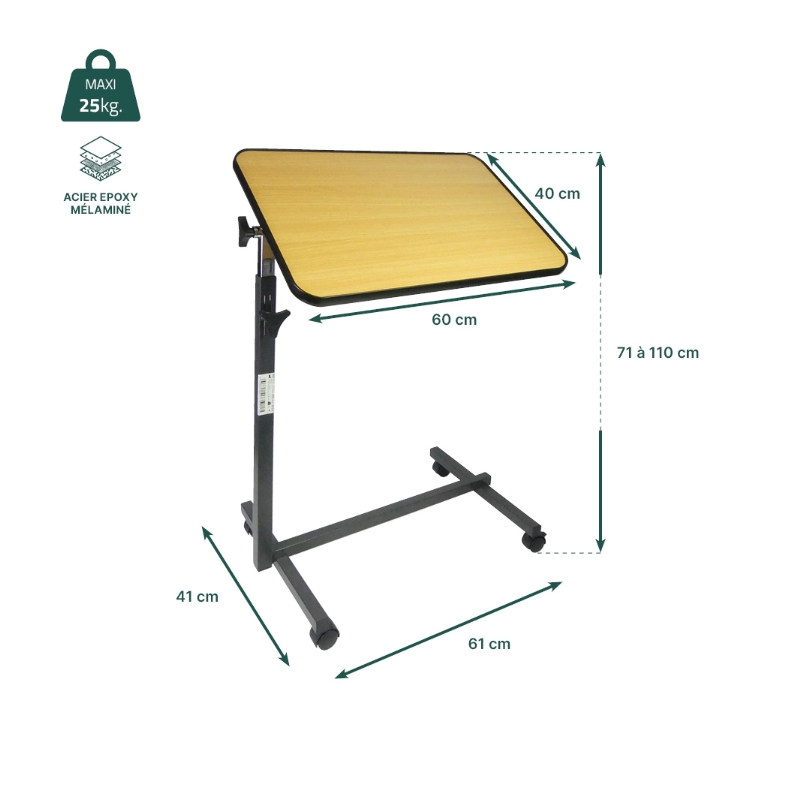 Fiche technique et dimensions de la table de lit avec plateau inclinable Simplex - réf. 823155