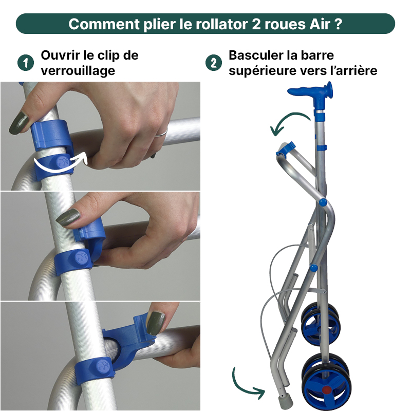 Le déambulateur Air 2 roues est pliable, compact et facile à ranger