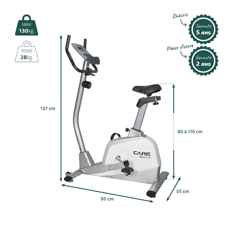 Fiche technique dimensions, poids, charge maximale et garanties du vélo d'appartement MED 518 Care -