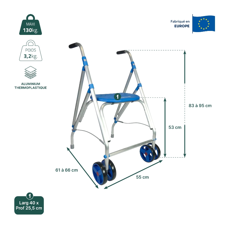 Fiche technique dimensions et charge maximale du rollator 2 roues pivotantes Ara-D bleu - réf. 82622