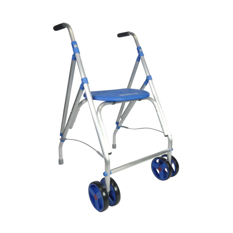 Rollator 2 roues pivotantes Ara-D bleu déplié avec assise intégrée, vue 3/4 - réf. 826223BLEU