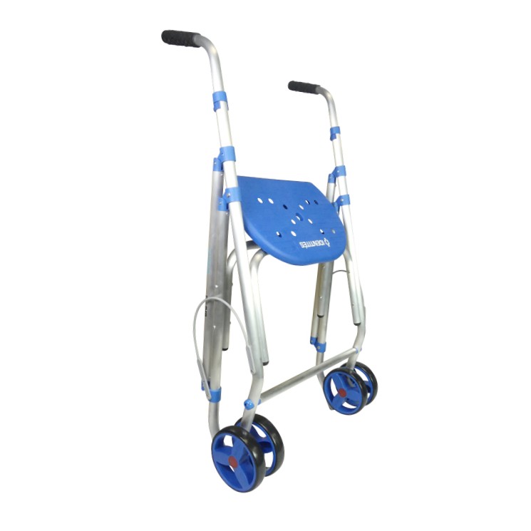 Rollator 2 roues pivotantes Ara-D bleu plié, vue 3/4 - réf. 826223BLEU