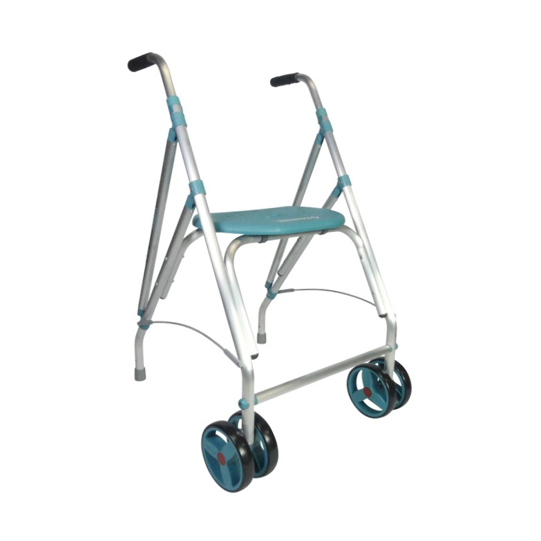 Rollator 2 roues pivotantes Ara-D turquoise déplié avec assise intégrée, vue 3/4 - réf. 826223TURQUO