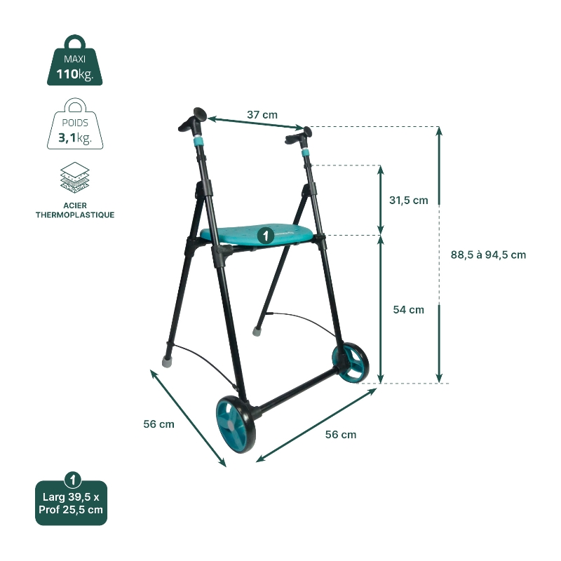Fiche technique dimensions et charge maximale du rollator 2 roues Air-On turquoise - réf. 826225TURQ
