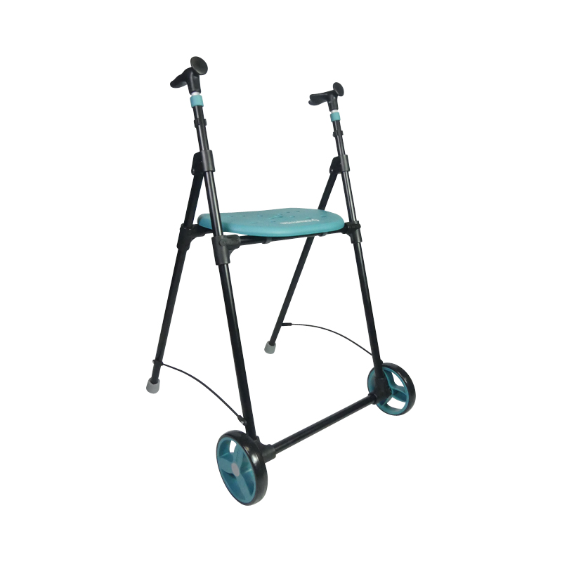 Rollator 2 roues Air-On turquoise déplié avec assise intégrée, vue 3/4 - réf. 826225TURQUOISE