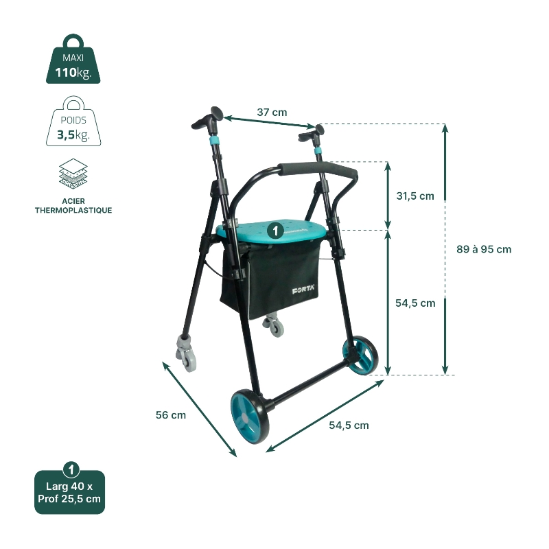 Fiche technique dimensions et charge maximale du rollator 2 roues Air-On Plus - réf. 826224