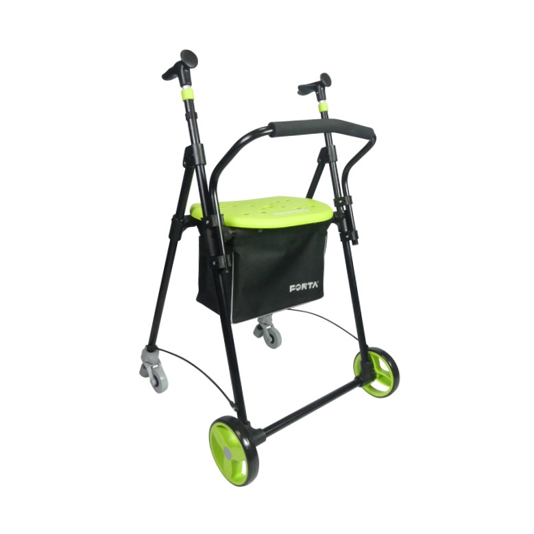 Rollator 2 roues Air-On Plus pistache déplié avec assise et sac amovible, vue 3/4 - réf. 826224PISTA
