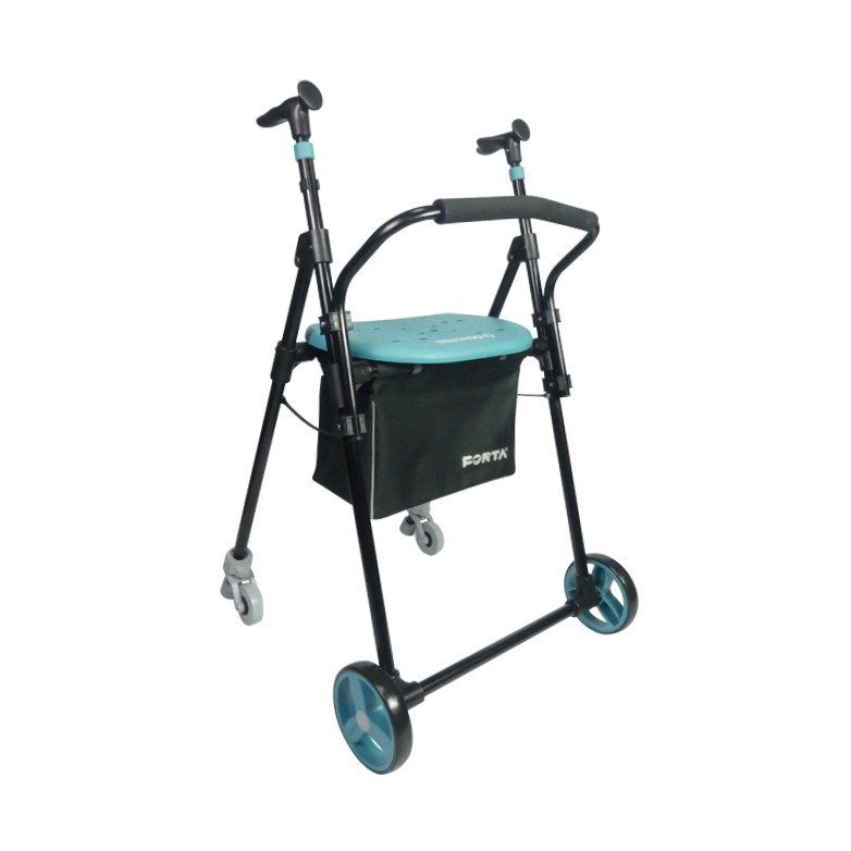 Rollator 2 roues Air-On Plus turquoise déplié avec assise et sac amovible, vue 3/4 - réf. 826224TURQ