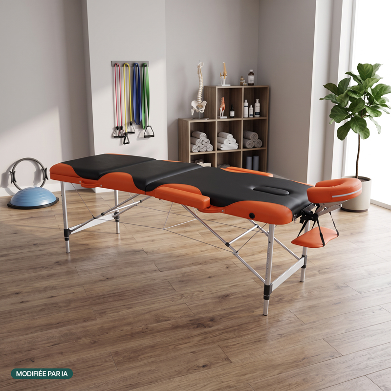 Table de massage KinLight dépliée dans un cabinet de soins, piétement aluminium - réf. 827009