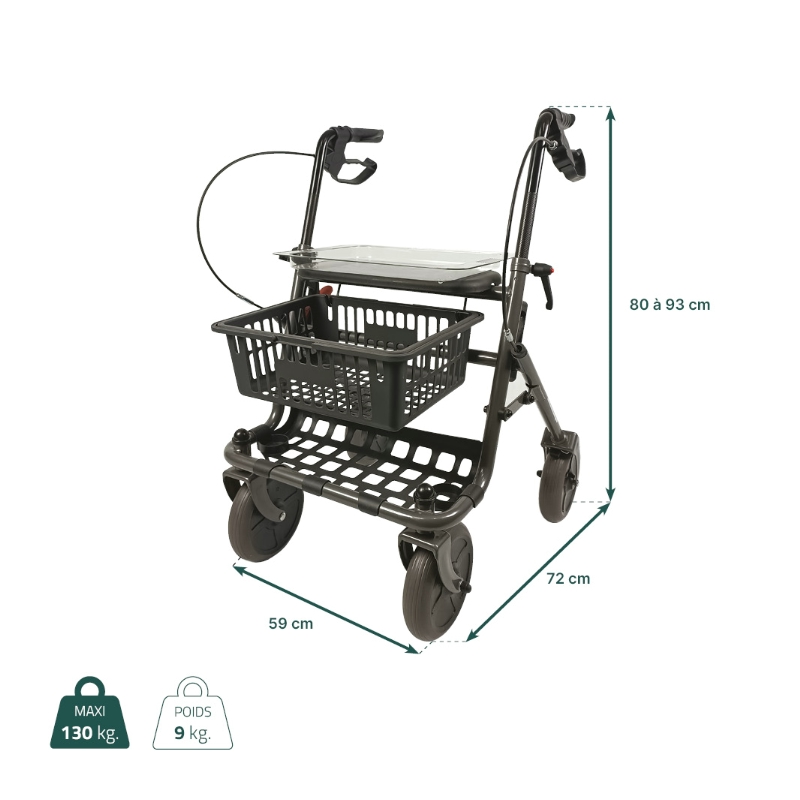 Fiche technique et dimensions du rollator 4 roues Primo - réf. 826236