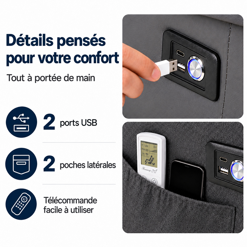 Ports USB et poche latérale de rangement du fauteuil releveur
