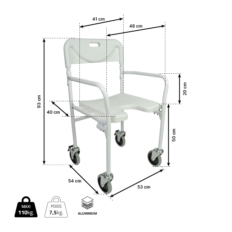 Dimensions de la chaise de douche à roulettes Tobago