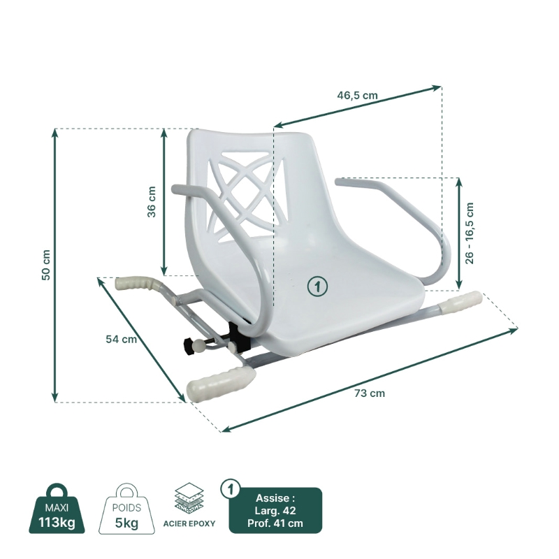 Fiche technique et dimensions du fauteuil de bain pivotant Stromboli - réf. 812048