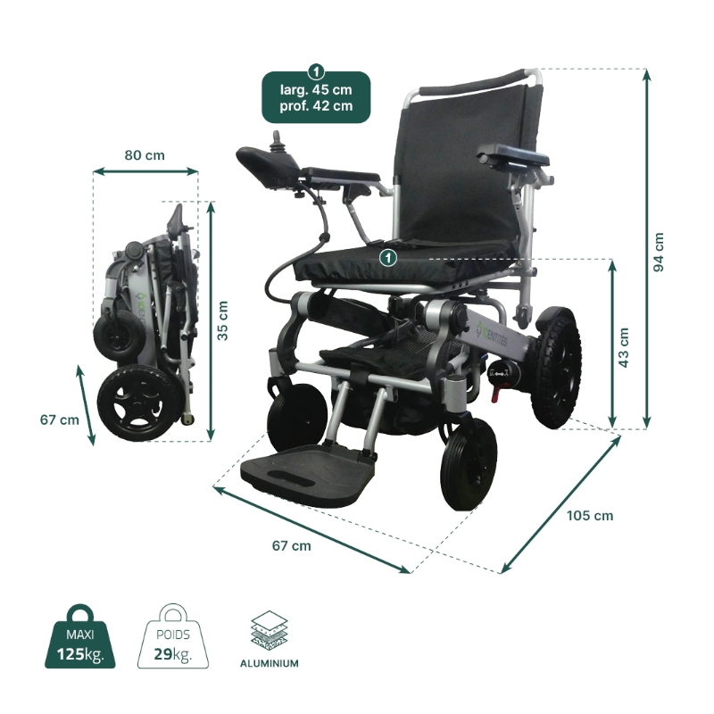 Fiche technique et dimensions du fauteuil électrique pliant Motorlight - réf. 875025