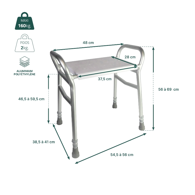Fiche technique et dimensions du tabouret de douche Djerba avec accoudoirs - réf. 812099