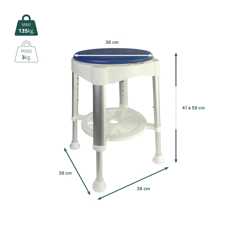 Fiche technique et dimensions du tabouret de douche pivotant Santorin - réf. 812191