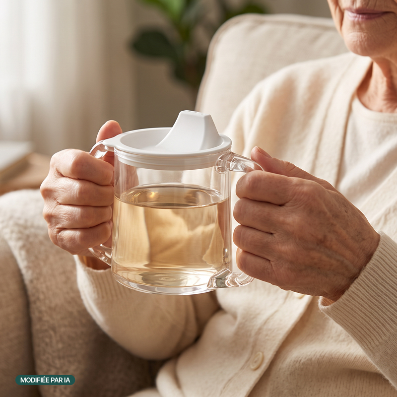 Utilisation de la tasse 2 anses Caring par une personne âgée - réf. 813126