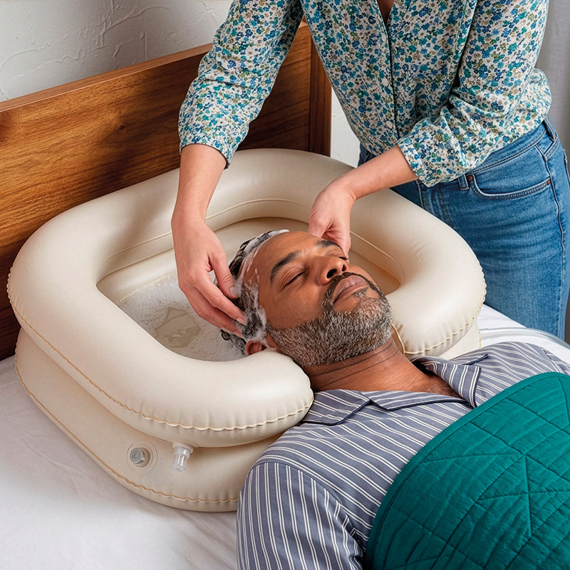 Cuvette gonflable pour faire des shampooings au personne alitée