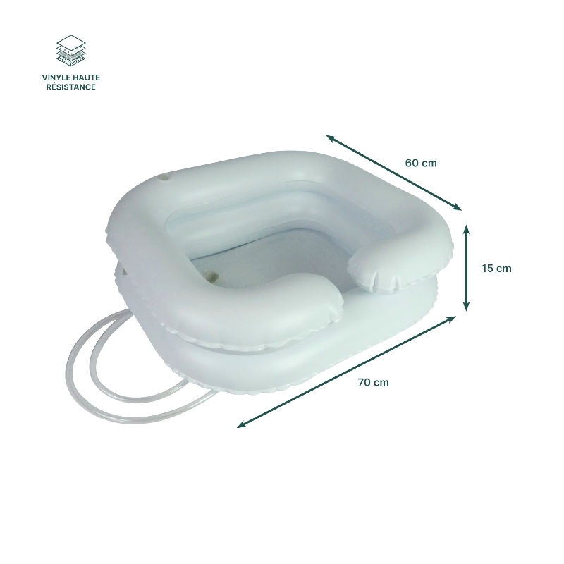 Fiche technique dimensions et matière vinyle haute résistance de la cuvette pour shampooing gonflabl