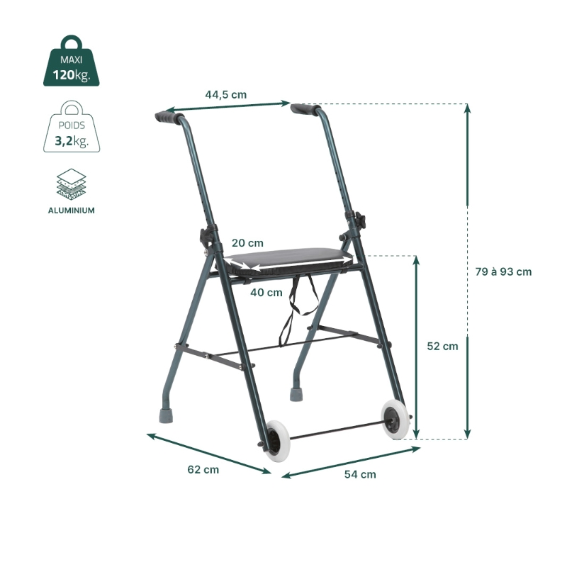 Fiche technique et dimensions du rollator 2 roues classic aluminium - réf. 826186