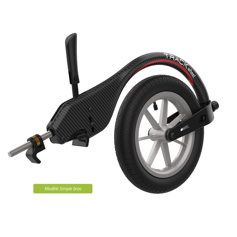 Cette cinquième roue en simple bras pour fauteuil roulant facilite les déplacements
