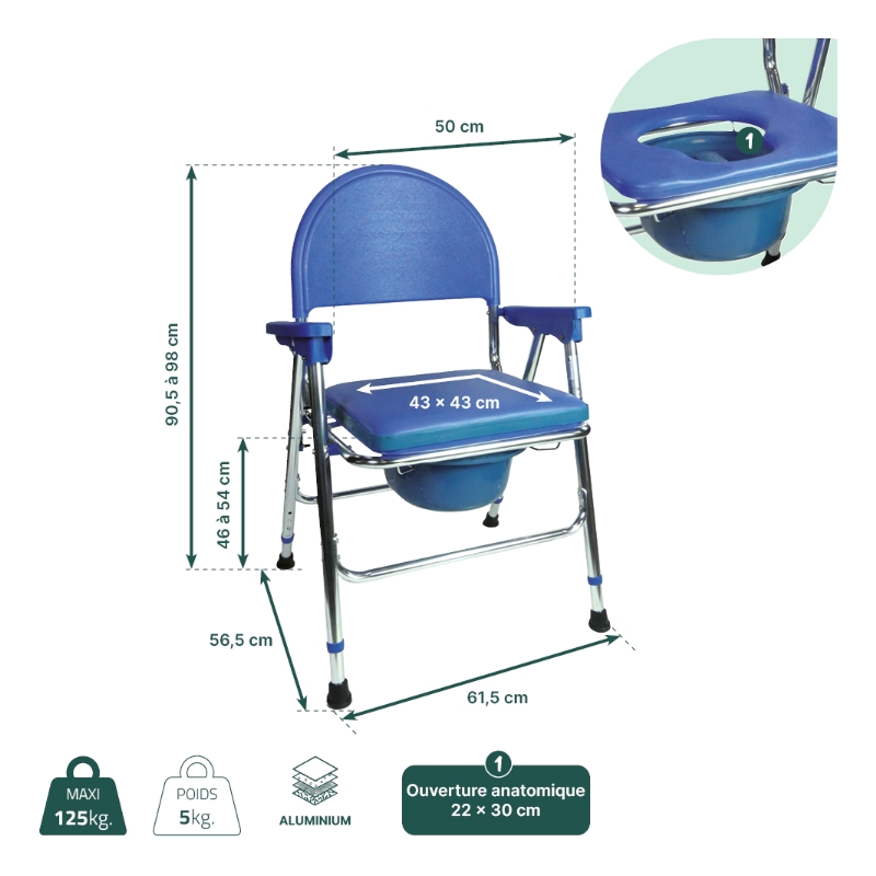 Dimensions de la chaise de toilettes pliante Islande avec un poids maximum utilisateur de 125 kg