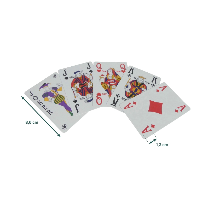 Fiche technique du jeu de 54 cartes Optic, dimensions 8,6 x 1,3 cm - réf. 851021