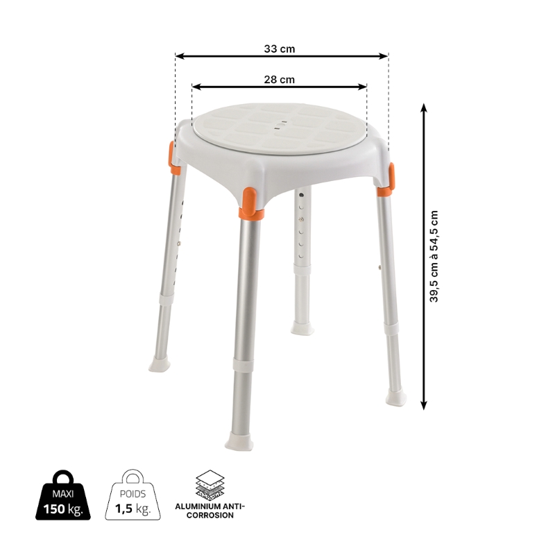 Dimensions du tabouret rond rotatif Capri pour la douche