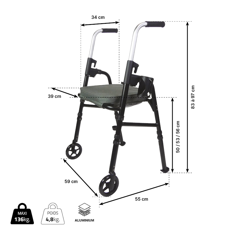 Dimensions du rollator 2 roues Modulo