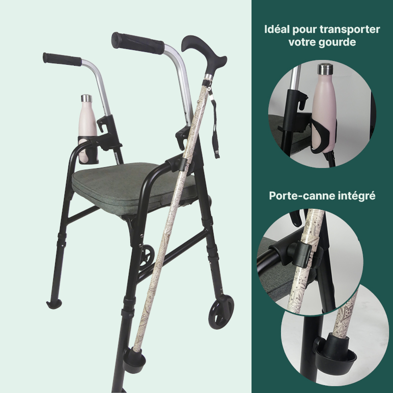 Rollator 2 roues Modulo pliable avec son porte-gourde et son porte-canne intégrés