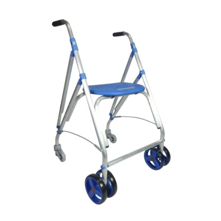 Rollator Ara-D Plus bleu déplié avec assise intégrée, vue 3/4 - réf. 826098BLEU