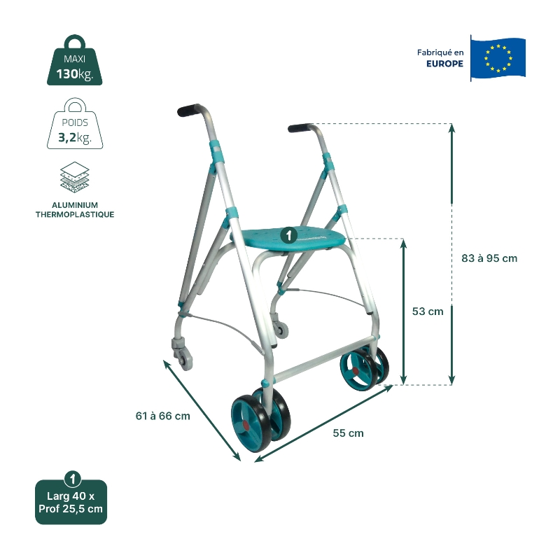 Fiche technique dimensions, poids et charge maximale du rollator Ara-D Plus turquoise - réf. 826098T