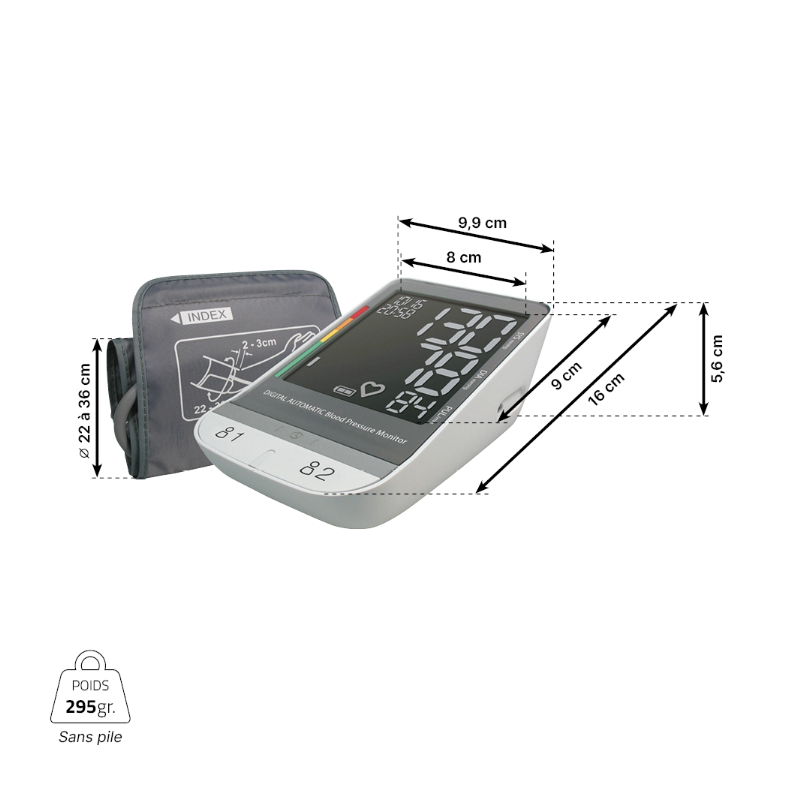 Dimensions du tensiomètre de bras simplifié 2U compact