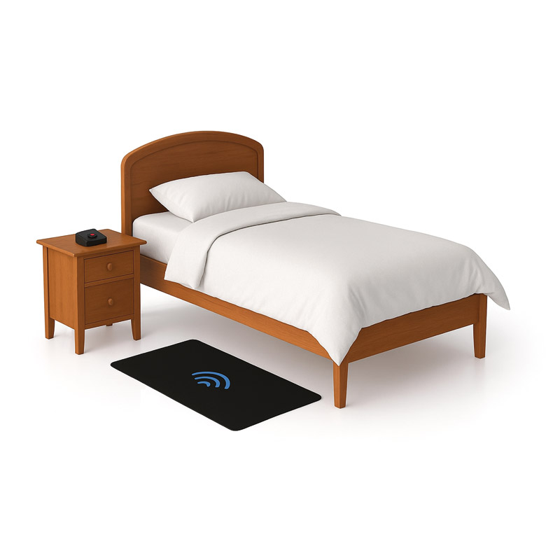 Tapis alarme de descente de lit installé au pied du lit