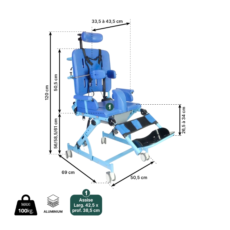 Dimensions de la chaise de douche WC PELICAN Taille L