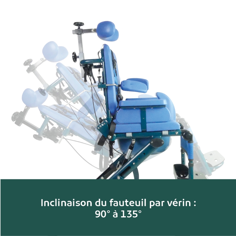 Les différentes inclinaisons par le vérin du fauteuil de douche toilette PELICAN pour enfant