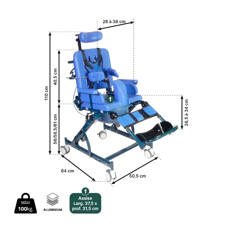 Dimensions du fauteuil pédiatrique de douche et toilette Taille S