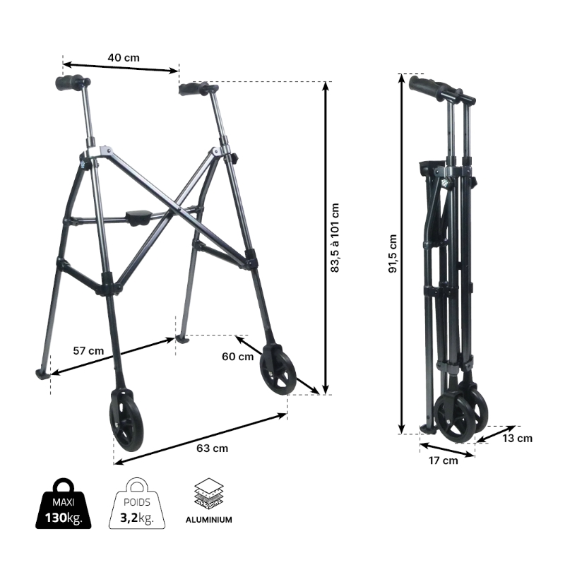 Dimensions du rollator pliant parapluie NEO POP