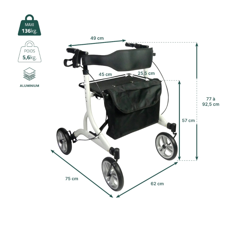 Fiche technique et dimensions du rollator Neo Easy - réf. 826303