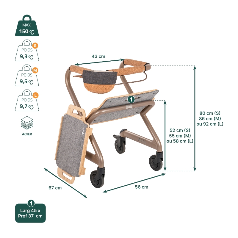 Fiche technique dimensions, poids et charge maximale du rollator d'intérieur Saljol en tailles S, M