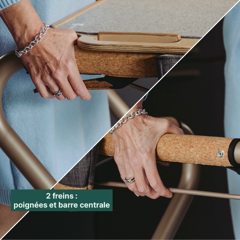 Deux systèmes de freinage du rollator d'intérieur Saljol, aux poignées et par la barre centrale - ré