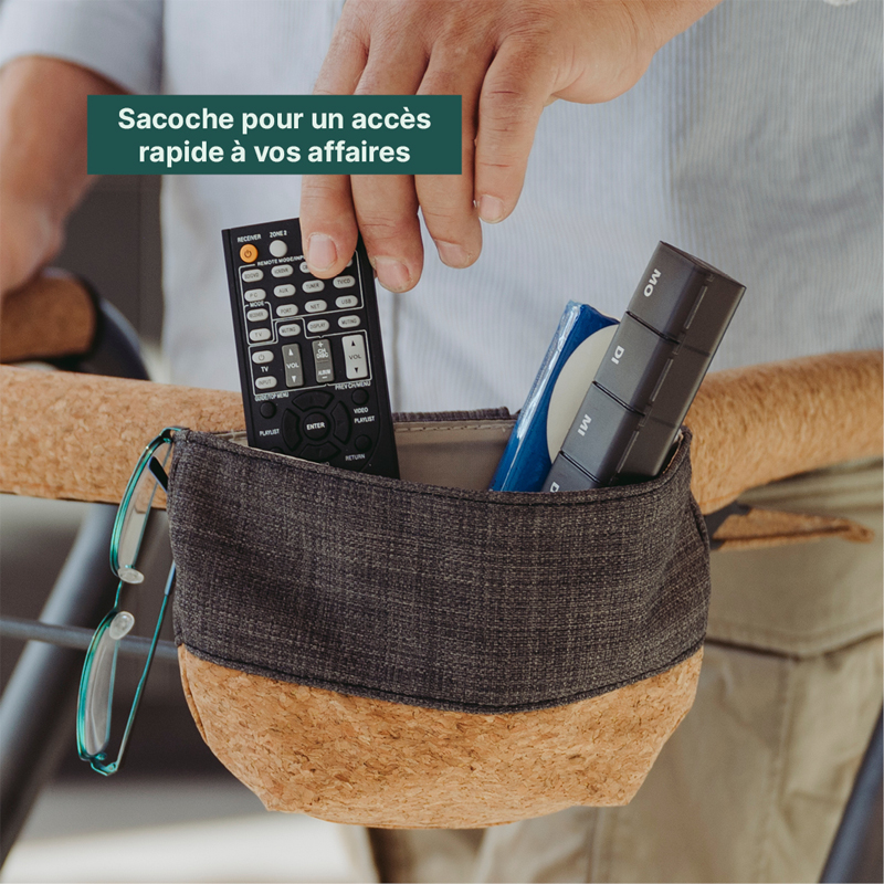 Sacoche intégrée du rollator d'intérieur Saljol avec télécommande, lunettes et pilulier - réf. 82630
